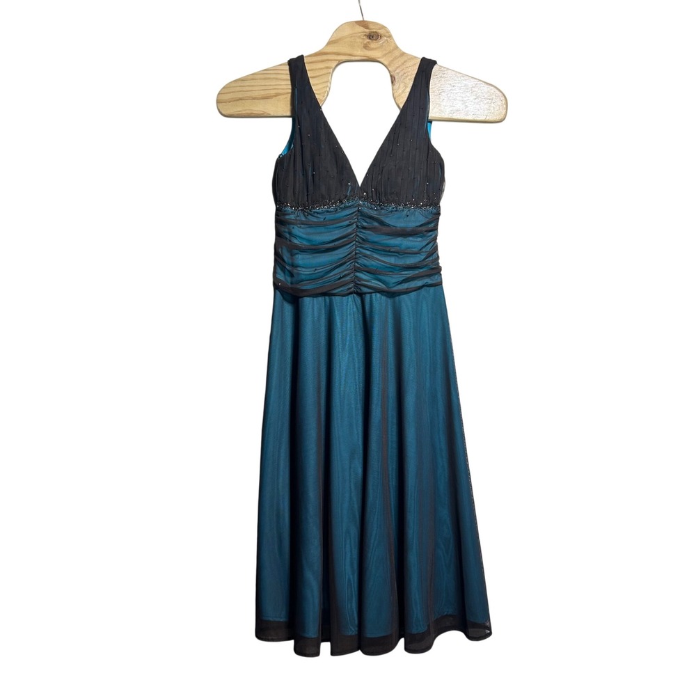 NEW Y2K Aqua Turquoise Brown Mesh Beaded Ruched V-Neck Cocktail‎ Dress 10
